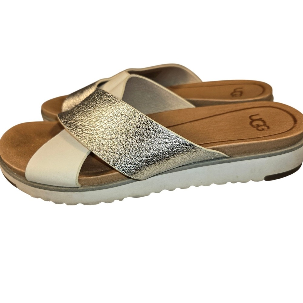 UGG Kari White Metallic Silver Leather Crisscross Slide Sandals 1018901 W 6 - Picture 2 of 8